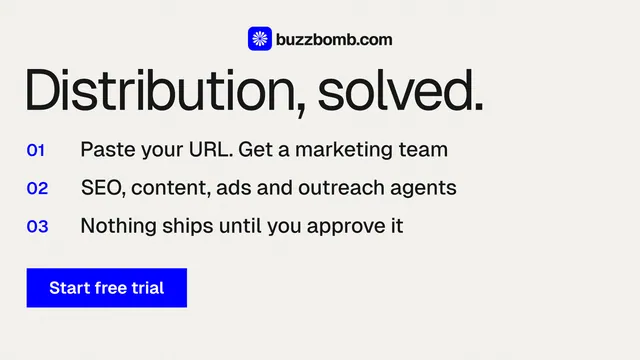 Landscape graphic for BuzzBomb: "Distribution, solved." Swiss style, numbered layout, light palette in white, grey.
