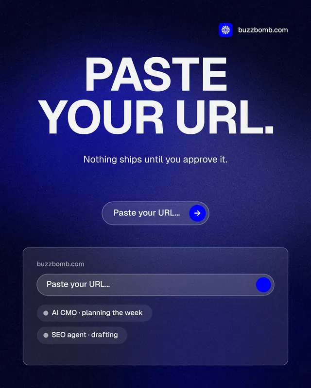 Instagram portrait post for BuzzBomb: "Paste your URL." Agentic glass style, centred layout, dark palette in black, blue.
