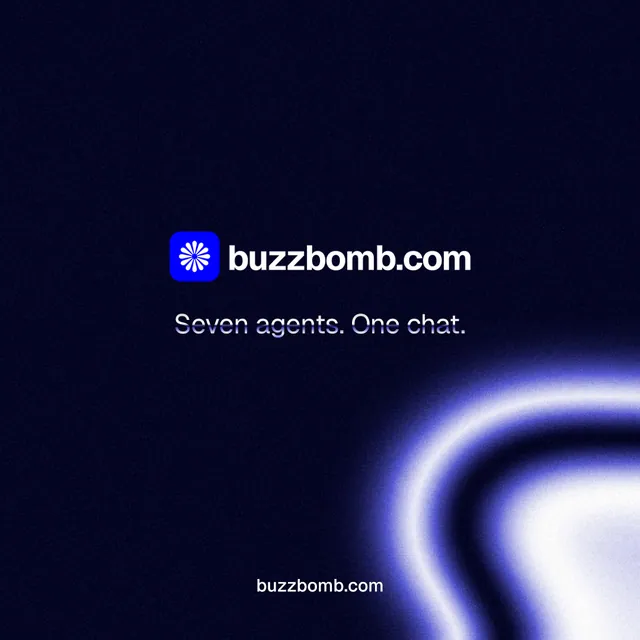 Instagram post for BuzzBomb: "Seven agents. One chat." Agentic glass style, end card layout, dark palette in black, blue.
