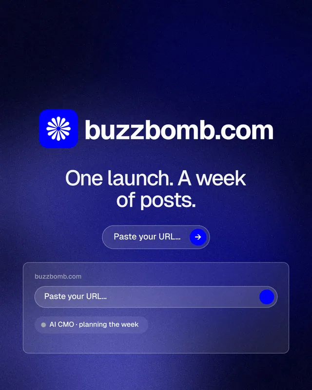 Instagram portrait post for BuzzBomb: "One launch. A week of posts." Agentic glass style, logo hero layout, dark palette in black, blue.