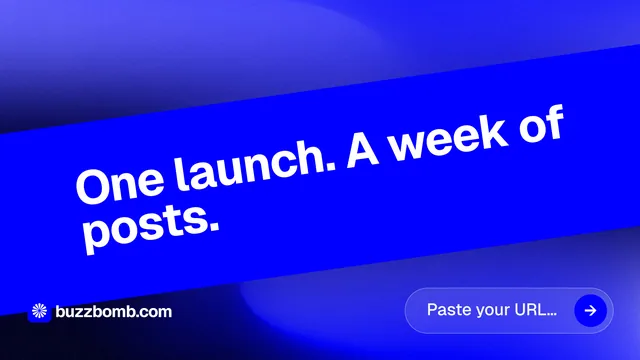 Landscape graphic for BuzzBomb: "One launch. A week of posts." Agentic glass style, diagonal layout, dark palette in blue.