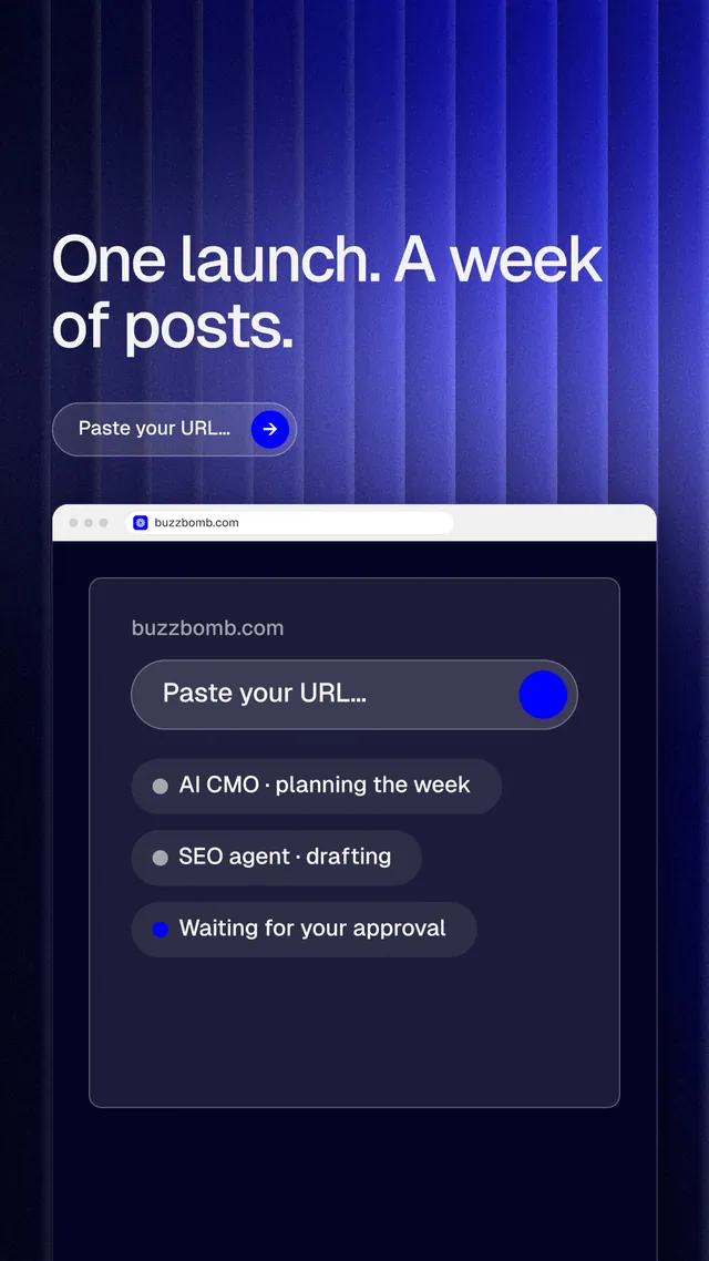 Instagram story for BuzzBomb: "One launch. A week of posts." Agentic glass style, browser layout, dark palette in blue, black.