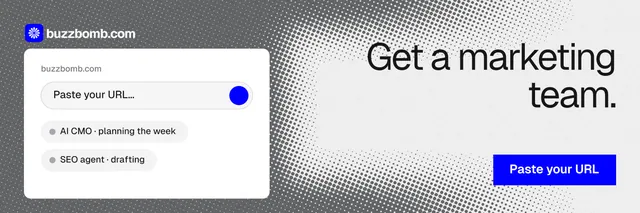 X header for BuzzBomb: "Get a marketing team." Swiss style, right layout, light palette in white, grey.
