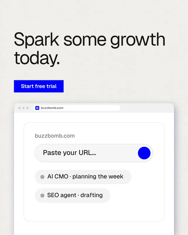 Instagram portrait post for BuzzBomb: "Spark some growth today." Swiss style, browser layout, light palette in white, grey.
