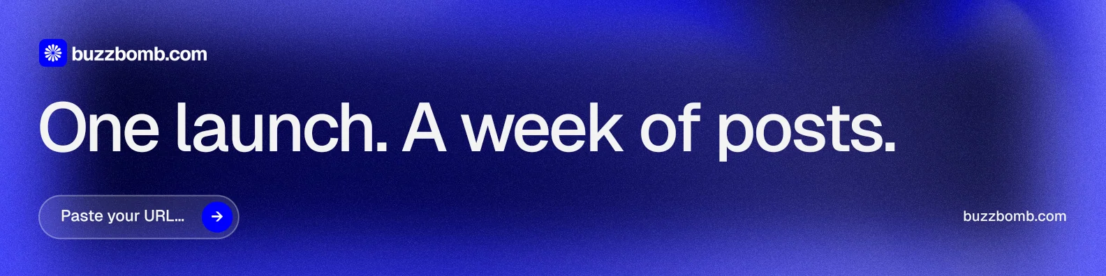 LinkedIn banner for BuzzBomb: "One launch. A week of posts." Agentic glass style, poster layout, dark palette in blue.