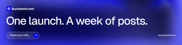 LinkedIn banner for BuzzBomb: "One launch. A week of posts." Agentic glass style, poster layout, dark palette in blue.
