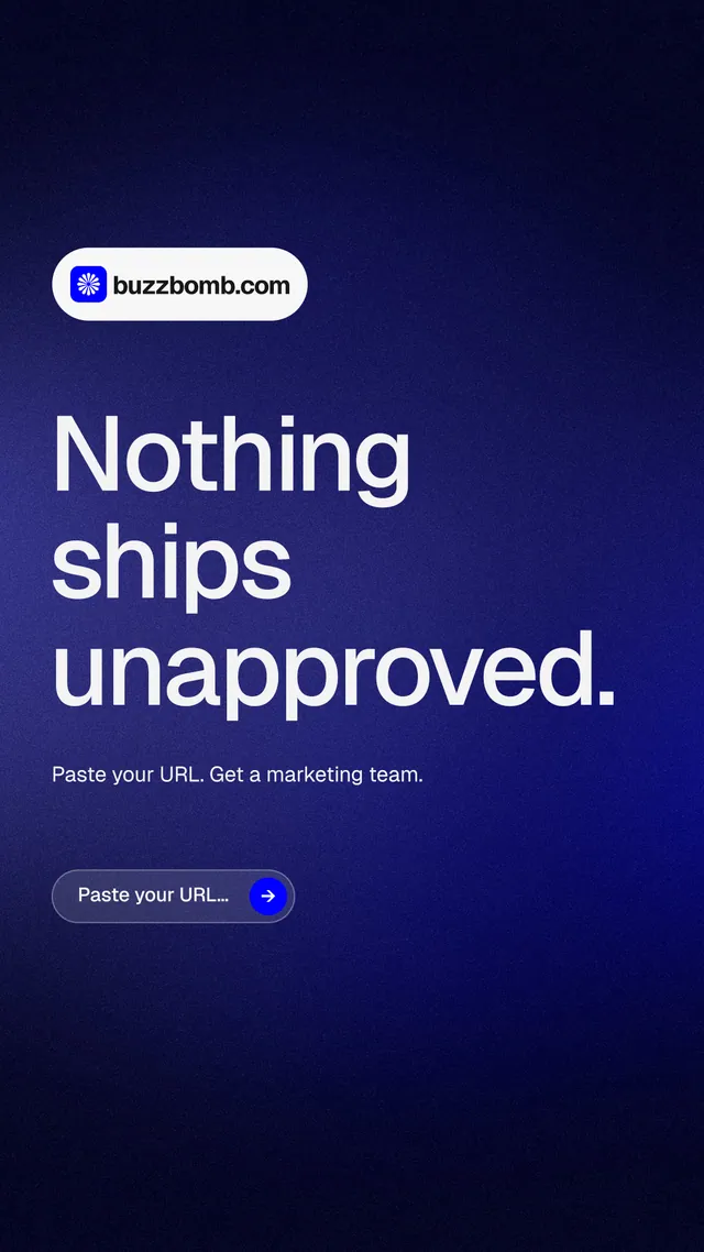 Instagram story for BuzzBomb: "Nothing ships unapproved." Agentic glass style, announce layout, dark palette in black, blue.