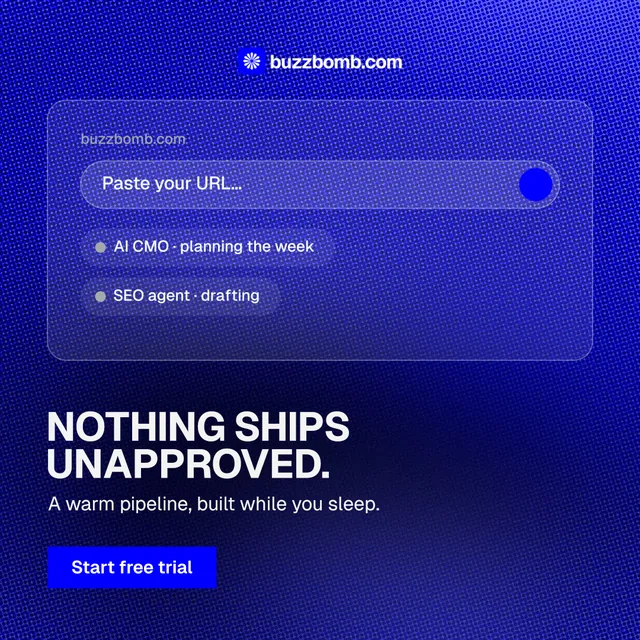 Instagram post for BuzzBomb: "Nothing ships unapproved." Swiss style, bottom layout, dark palette in blue.