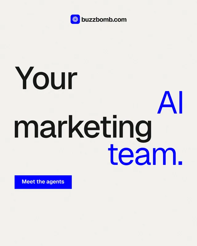 Instagram portrait post for BuzzBomb: "Your AI marketing team." Swiss style, stacked layout, light palette in white, blue.