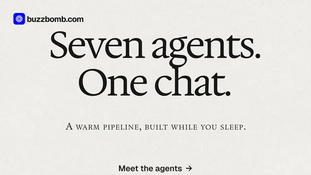 Landscape graphic for BuzzBomb: "Seven agents. One chat." Swiss style, smallcaps layout, light palette in white, grey.