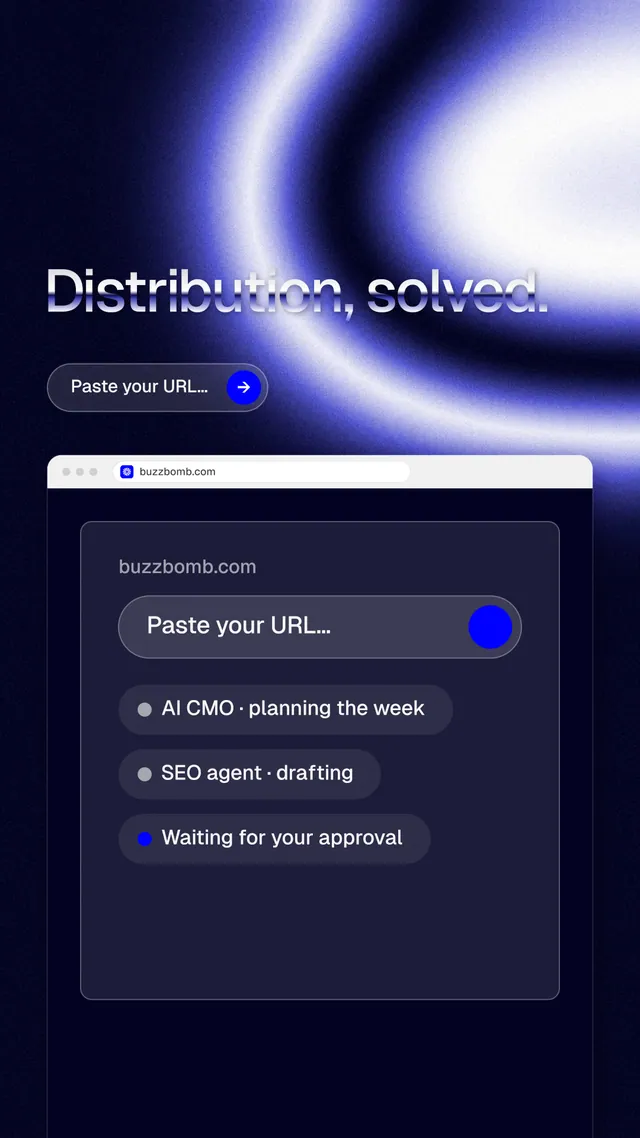 Instagram story for BuzzBomb: "Distribution, solved." Agentic glass style, browser layout, dark palette in blue, black.