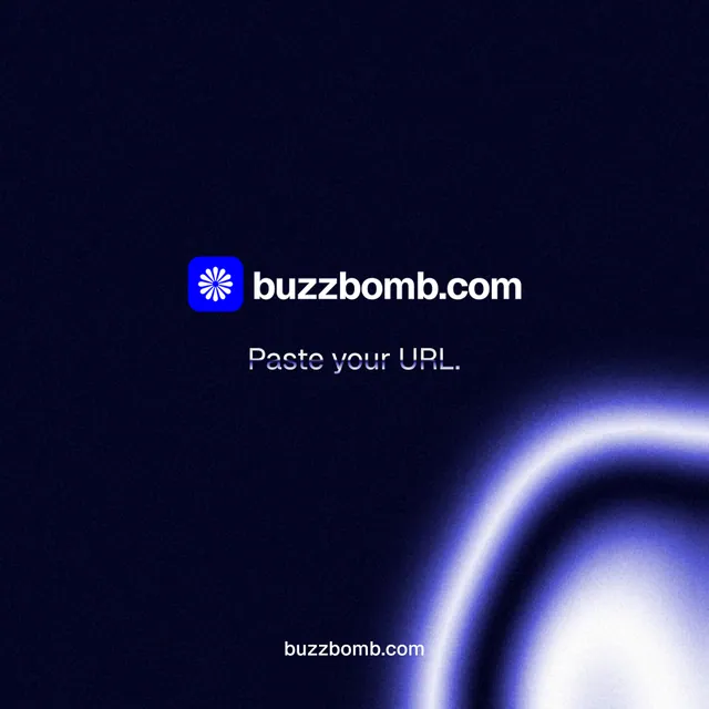 Instagram post for BuzzBomb: "Paste your URL." Agentic glass style, end card layout, dark palette in black, blue.