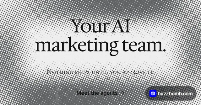 Social ad for BuzzBomb: "Your AI marketing team." Swiss style, smallcaps layout, light palette in grey, white.