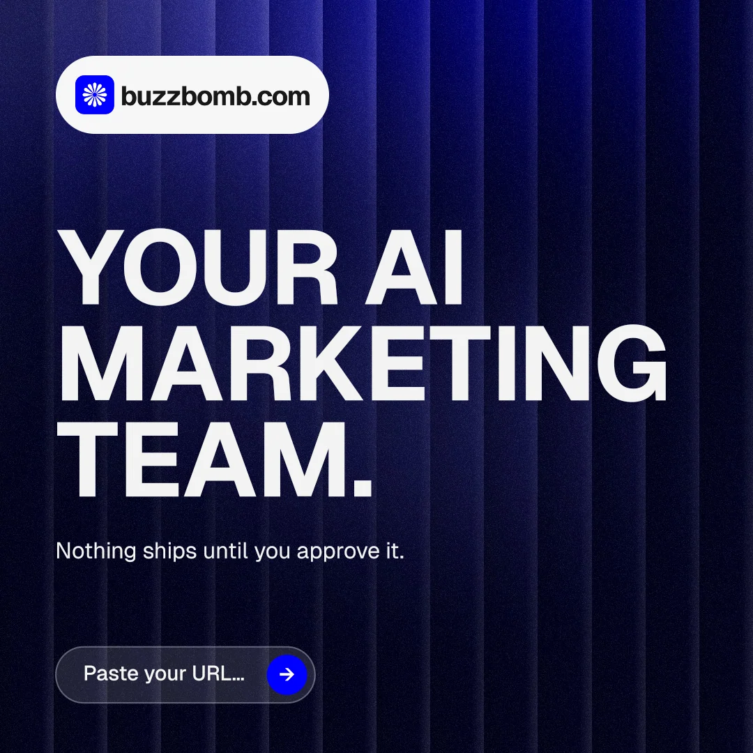Instagram post for BuzzBomb: "Your AI marketing team." Agentic glass style, announce layout, dark palette in blue, black, grey.