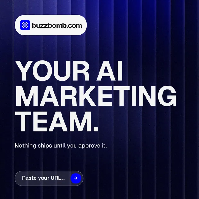Instagram post for BuzzBomb: "Your AI marketing team." Agentic glass style, announce layout, dark palette in blue, black, grey.