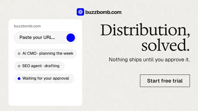 Landscape graphic for BuzzBomb: "Distribution, solved." Editorial style, right layout, light palette in white, grey.