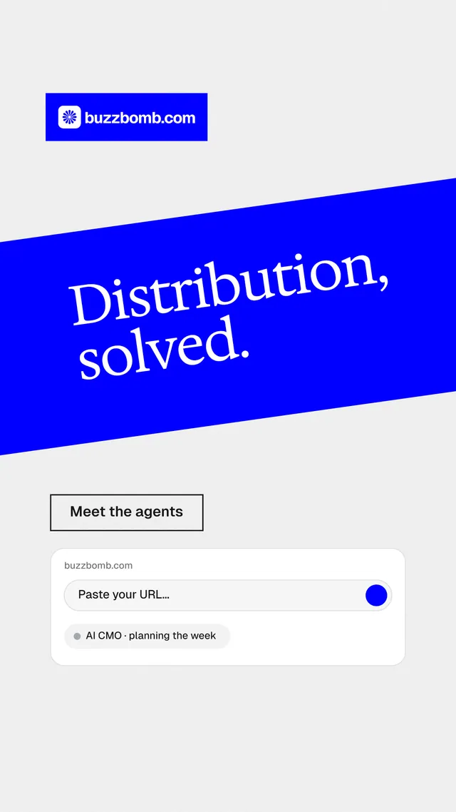 Instagram story for BuzzBomb: "Distribution, solved." Editorial style, diagonal layout, light palette in white, blue.