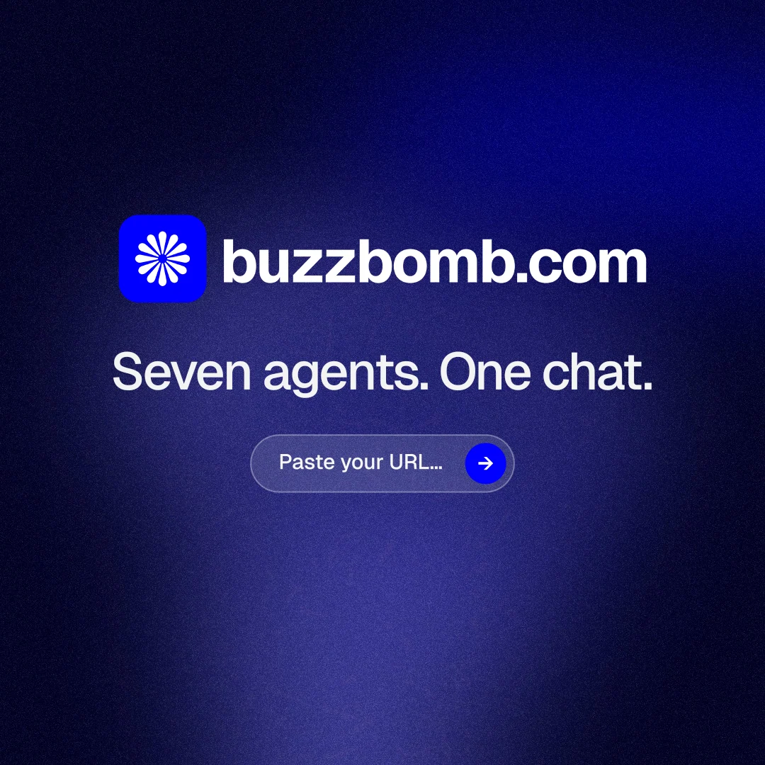Instagram post for BuzzBomb: "Seven agents. One chat." Agentic glass style, logo hero layout, dark palette in black, blue.