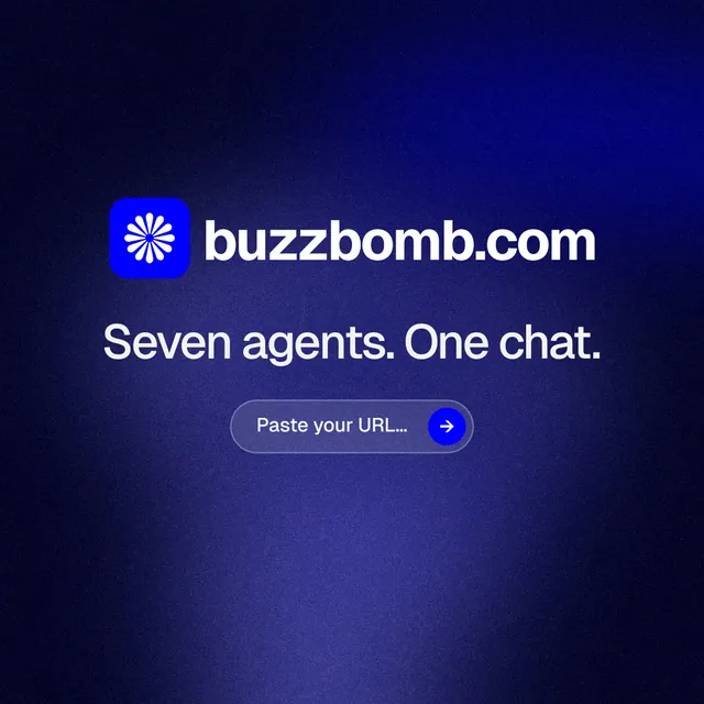 Instagram post for BuzzBomb: "Seven agents. One chat." Agentic glass style, logo hero layout, dark palette in black, blue.