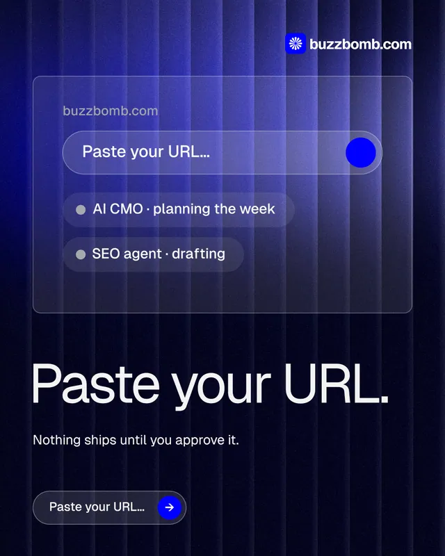 Instagram portrait post for BuzzBomb: "Paste your URL." Agentic glass style, bottom layout, dark palette in blue, black.