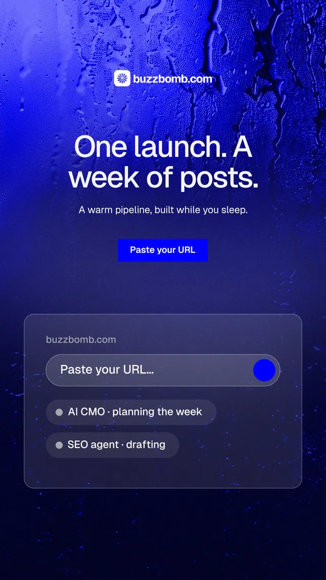 Instagram story for BuzzBomb: "One launch. A week of posts." Swiss style, centred layout, dark palette in blue, black.
