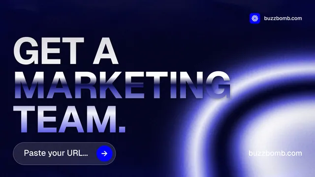 Landscape graphic for BuzzBomb: "Get a marketing team." Agentic glass style, poster layout, dark palette in black, blue.