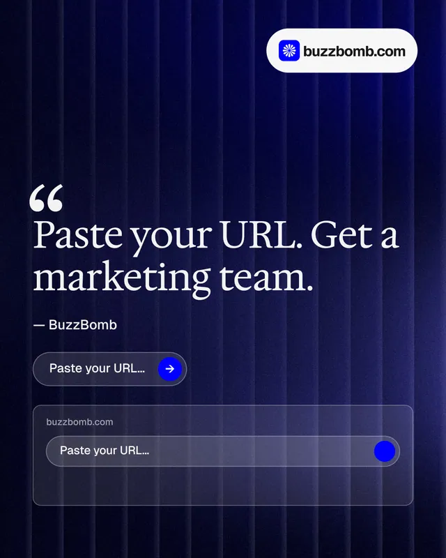 Instagram portrait post for BuzzBomb: "Get a marketing team." Agentic glass style, quote layout, dark palette in black, blue, grey.