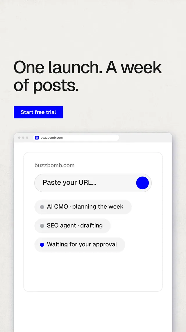 Instagram story for BuzzBomb: "One launch. A week of posts." Swiss style, browser layout, light palette in white.