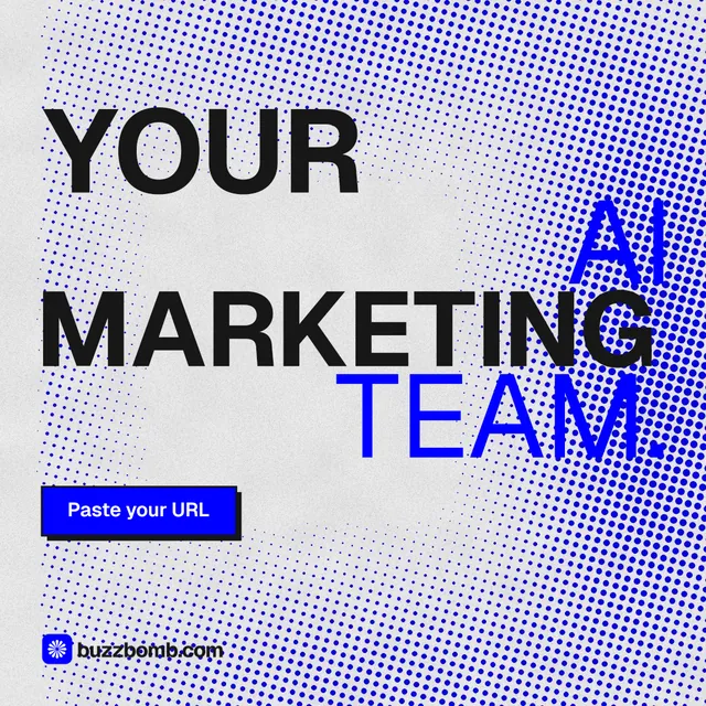 Instagram post for BuzzBomb: "Your AI marketing team." Brutalist style, stacked layout, light palette in blue, white.