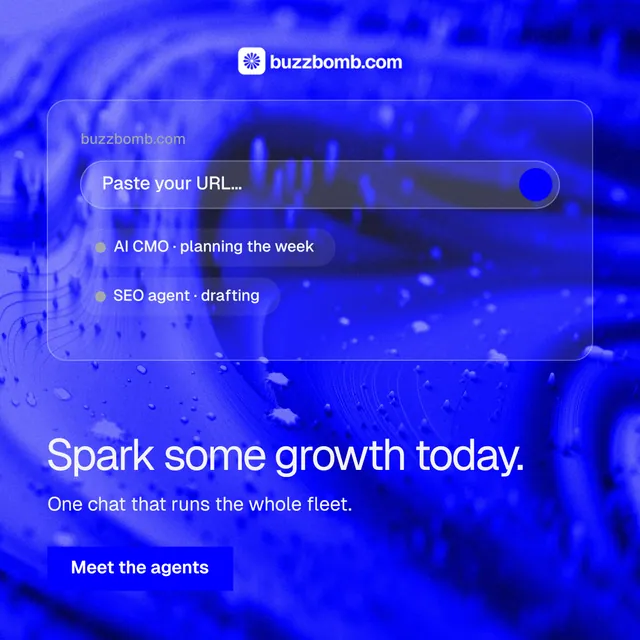 Instagram post for BuzzBomb: "Spark some growth today." Swiss style, bottom layout, dark palette in blue.