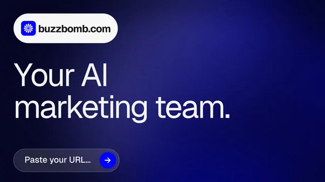 Landscape graphic for BuzzBomb: "Your AI marketing team." Agentic glass style, announce layout, dark palette in blue, grey.