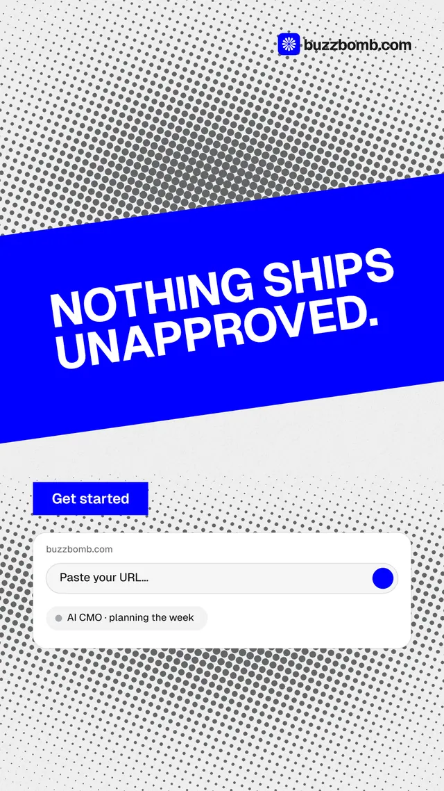 Instagram story for BuzzBomb: "Nothing ships unapproved." Swiss style, diagonal layout, light palette in white, blue, grey.