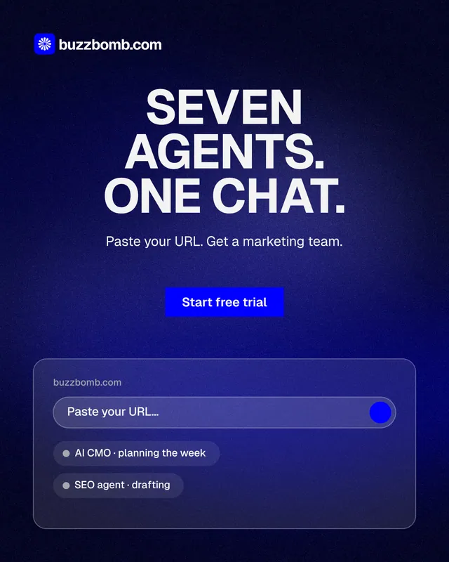 Instagram portrait post for BuzzBomb: "Seven agents. One chat." Swiss style, centred layout, dark palette in black, blue.