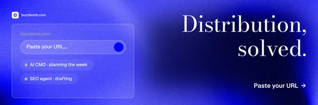 X header for BuzzBomb: "Distribution, solved." Minimal luxury style, right layout, dark palette in blue.