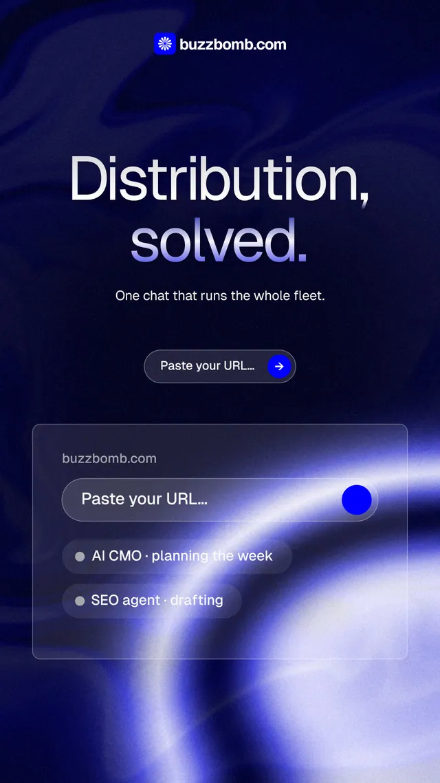 Instagram story for BuzzBomb: "Distribution, solved." Agentic glass style, centred layout, dark palette in blue, black.
