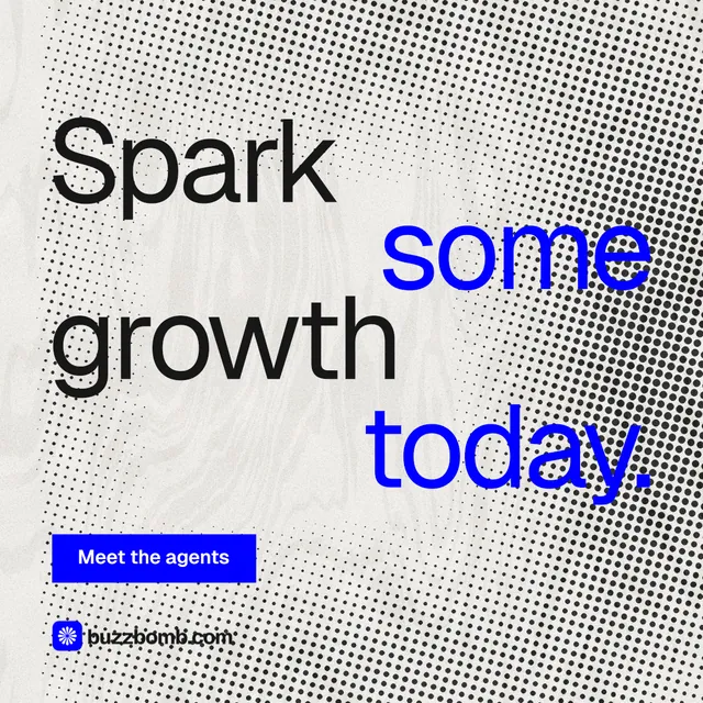 Instagram post for BuzzBomb: "Spark some growth today." Swiss style, stacked layout, light palette in grey, white, blue.