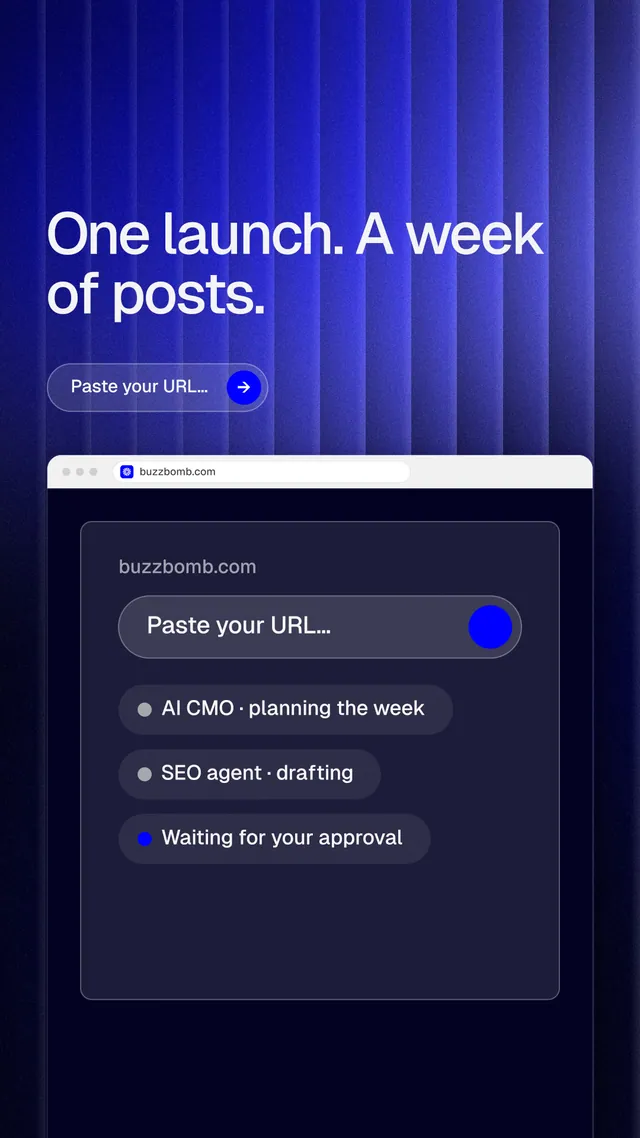 Instagram story for BuzzBomb: "One launch. A week of posts." Agentic glass style, browser layout, dark palette in blue, black.