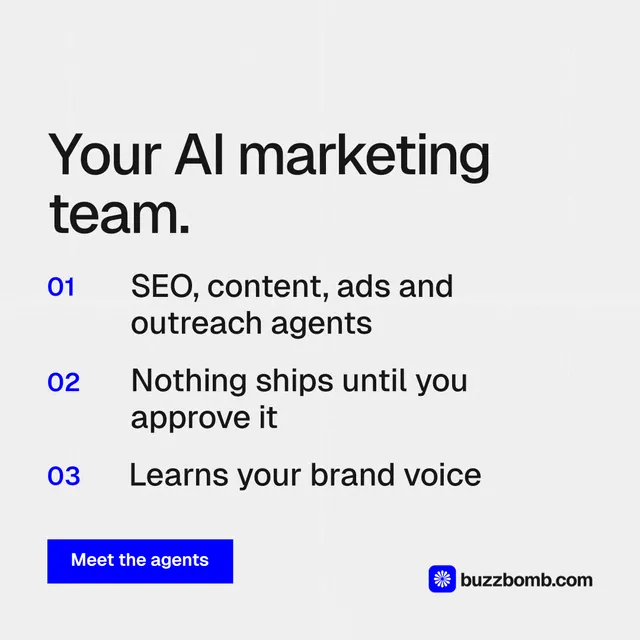 Instagram post for BuzzBomb: "Your AI marketing team." Swiss style, numbered layout, light palette in white, blue.