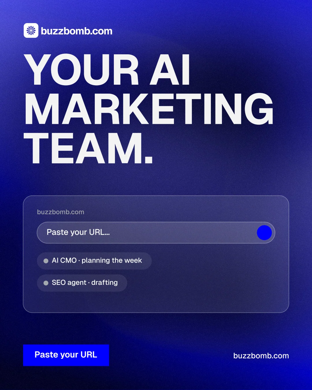 Instagram portrait post for BuzzBomb: "Your AI marketing team." Swiss style, poster layout, dark palette in blue.