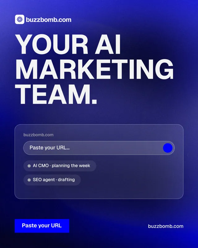 Instagram portrait post for BuzzBomb: "Your AI marketing team." Swiss style, poster layout, dark palette in blue.