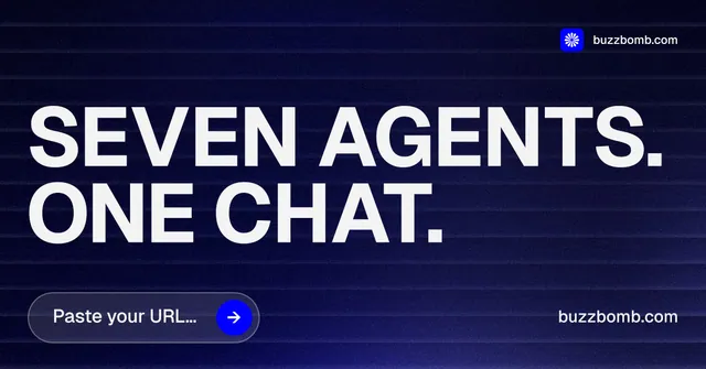 Social ad for BuzzBomb: "Seven agents. One chat." Agentic glass style, poster layout, dark palette in blue, black, grey.