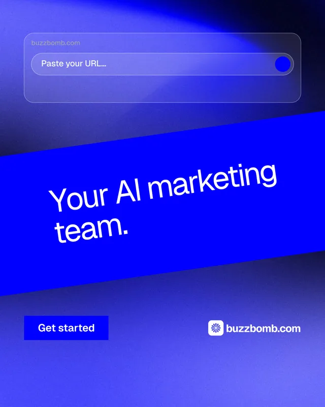 Instagram portrait post for BuzzBomb: "Your AI marketing team." Swiss style, diagonal layout, dark palette in blue.