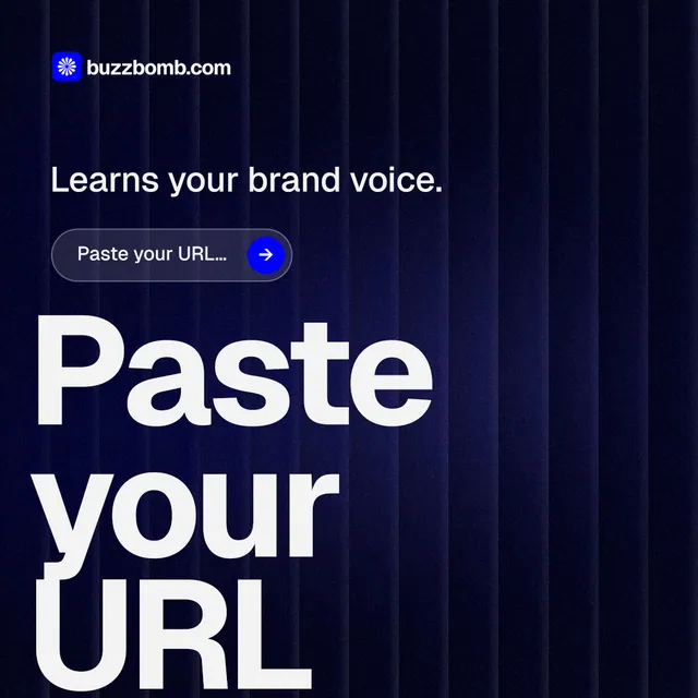 Instagram post for BuzzBomb: "Get a marketing team." Agentic glass style, oversized layout, dark palette in black, grey, blue.