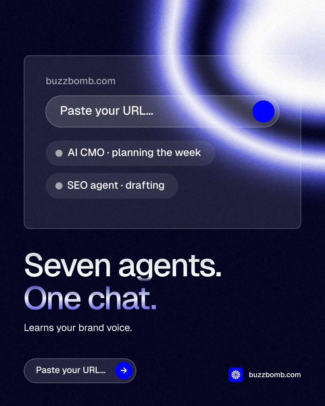 Instagram portrait post for BuzzBomb: "Seven agents. One chat." Agentic glass style, bottom layout, dark palette in black, blue.