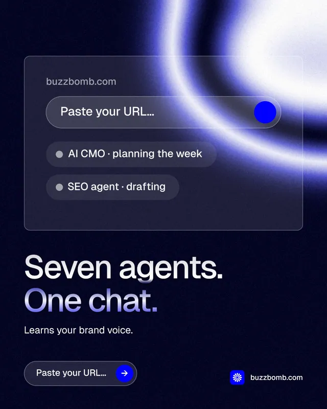 Instagram portrait post for BuzzBomb: "Seven agents. One chat." Agentic glass style, bottom layout, dark palette in black, blue.
