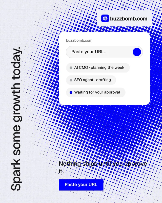 Instagram portrait post for BuzzBomb: "Spark some growth today." Swiss style, vertical layout, light palette in blue, white.