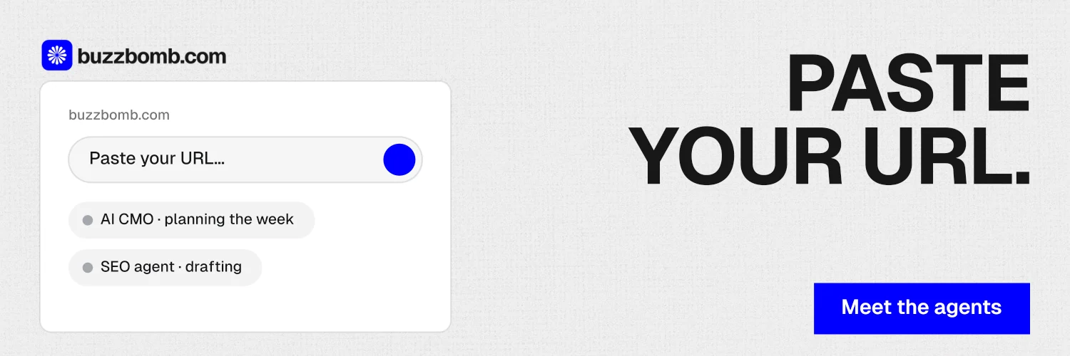 X header for BuzzBomb: "Paste your URL." Swiss style, right layout, light palette in white, blue.