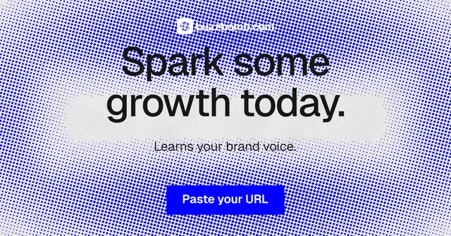 Social ad for BuzzBomb: "Spark some growth today." Swiss style, centred layout, light palette in blue, white.