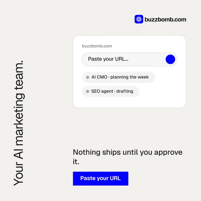 Instagram post for BuzzBomb: "Your AI marketing team." Swiss style, vertical layout, light palette in white, blue.