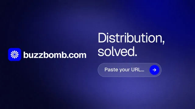 Landscape graphic for BuzzBomb: "Distribution, solved." Agentic glass style, logo hero layout, dark palette in black, blue.